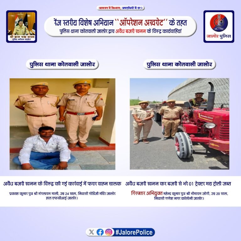 जालोर: ‘ऑपरेशन अखरोट’ के तहत अवैध बजरी खनन पर पुलिस की बड़ी कार्रवाई, एक गिरफ्तार, एक फरार